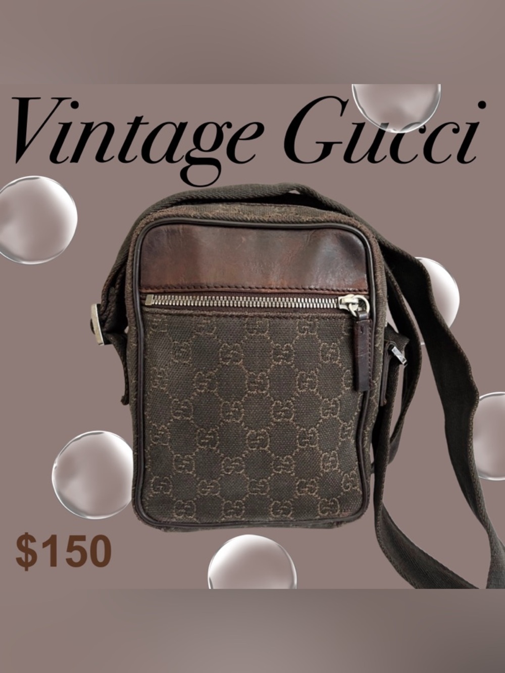 Authentic Gucci Brown Monogram Messenger Bag with Leather Trim